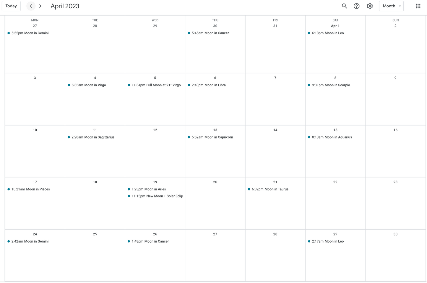 Sample of the 2023 Sidereal Moon Transits iCal as viewed in Google calendar app.  April 2023 events shown in a screenshot of the calendar.