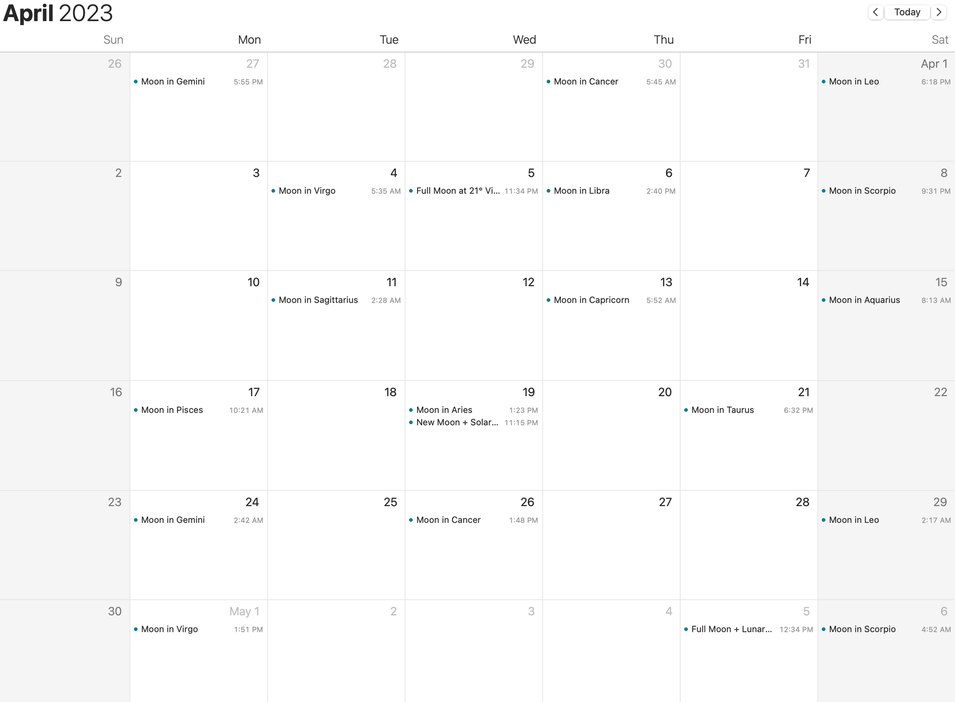 Sample of the 2023 Sidereal Moon Transits iCal as viewed in iOS calendar app.  April 2023 events shown in a screenshot of the calendar.