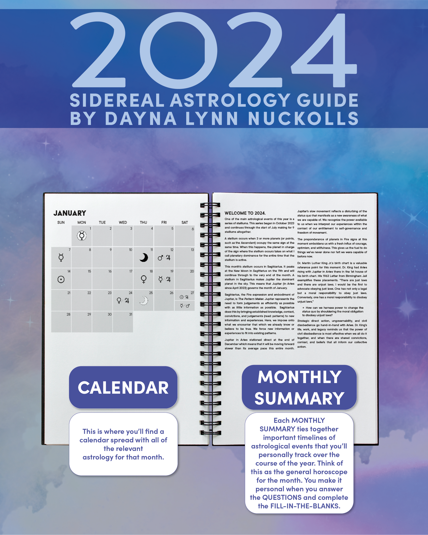 The 2024 Sidereal Astrology Guide is a sidereal calendar with 2024 monthly horoscopes, 2024 sidereal astrology monthly horoscopes for your sidereal sign.