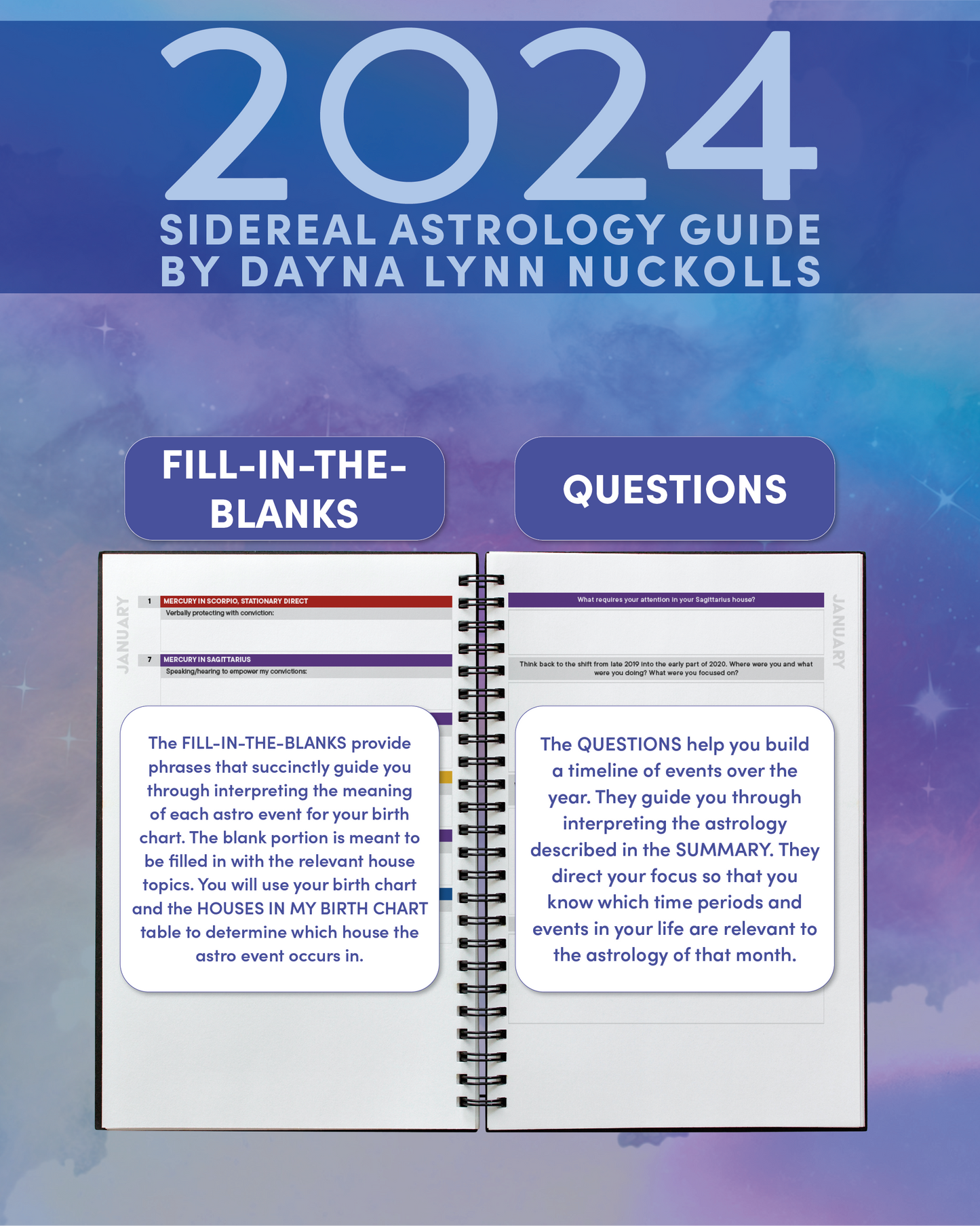 The 2024 Sidereal Astrology Guide is an astrology calendar, sidereal astrology calendar, and sidereal astrology journal. Fill-in-the-blanks for each transit help you create your 2024 horoscope. Questions for each month in the 2024 sidereal astrology calendar is your journal for the sidereal astrology of 2024.